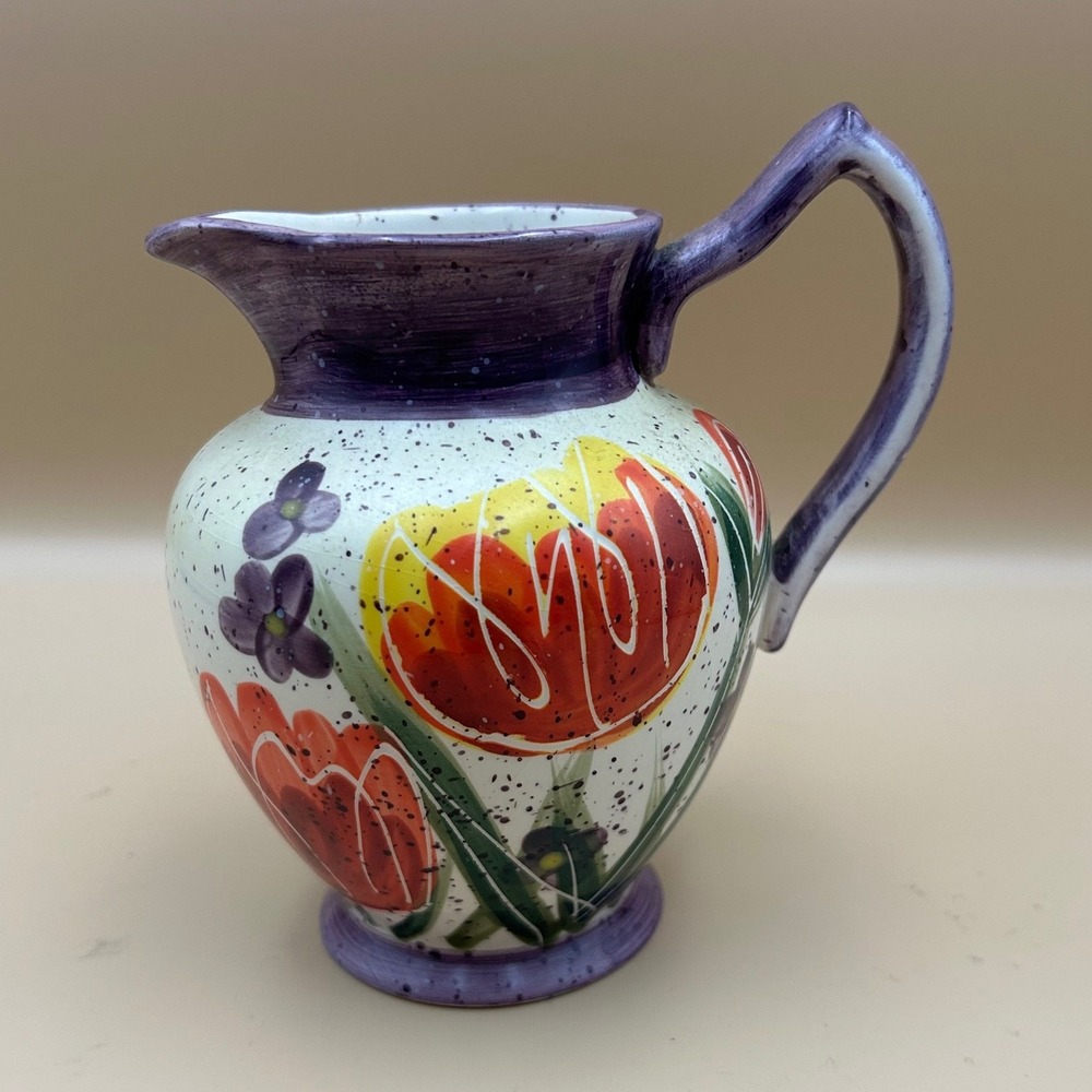Julie Ueland Enesco Ceramic Pitcher Floral Tulip Purple Hand Painted 2000 Vtg